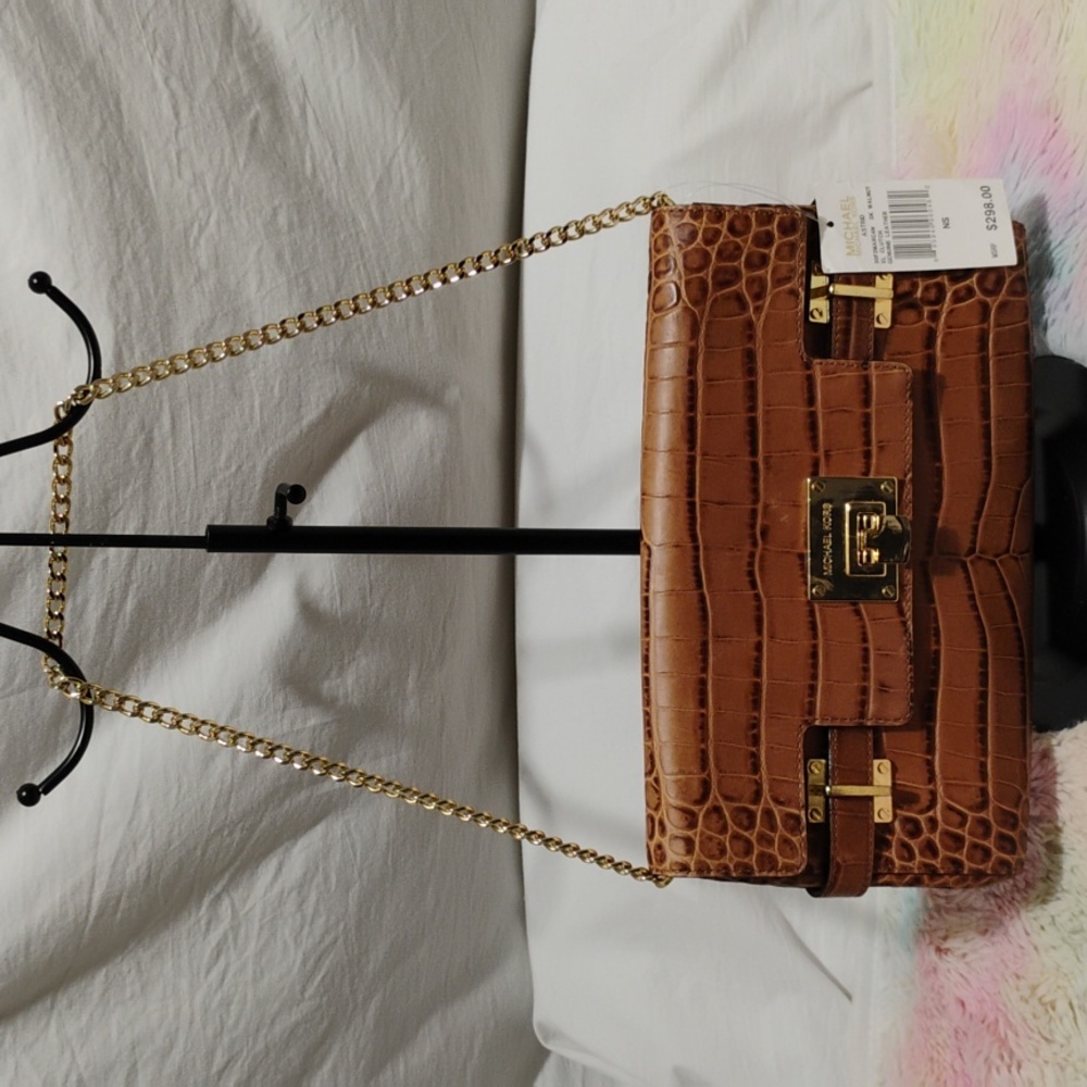 SALE! NWT Michael Kors Astrid Walnut XL Genuine Leather Clutch W Chain Strap - Picture 1 of 12